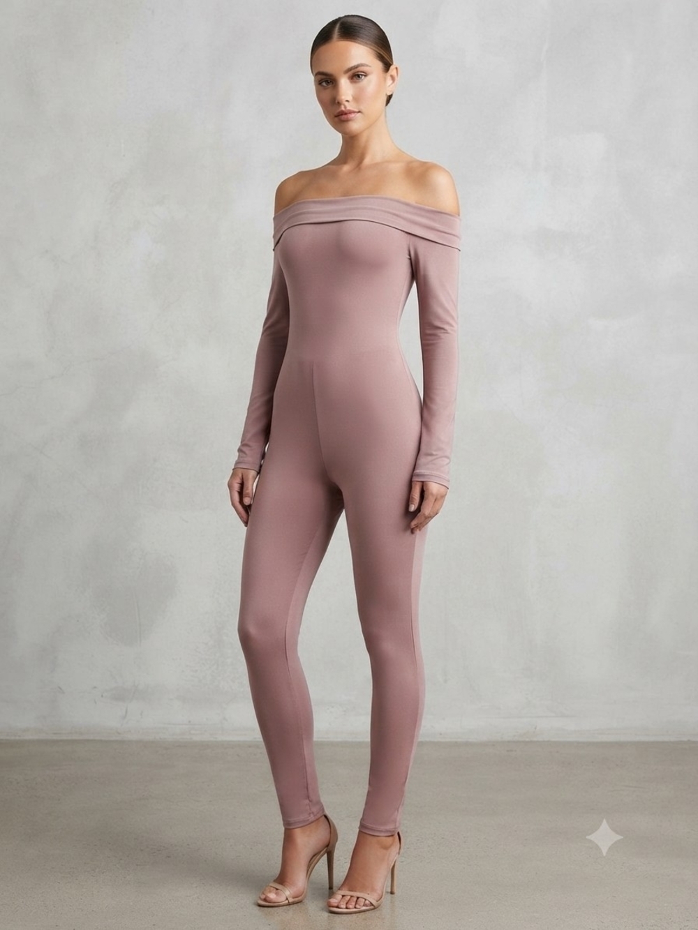Off-the-Shoulder Long-Sleeve Jumpsuit in Mauve